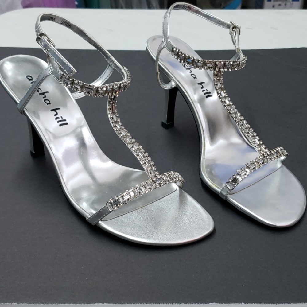 Silver & rhinestone Alisha Hill heels. 3.5 inches